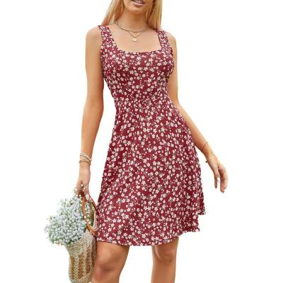 China 2022 Anti-Static Custom Women's Dresses Floral Printing Small Casual Dark Red Summer High Waist Short Slouchy Dress for sale