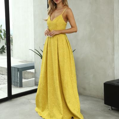 China 2022 Grace Sleeveless Embroidery Shoulder Bow Tie Women's Long Anti-Static Yellow Polyester Dress for sale