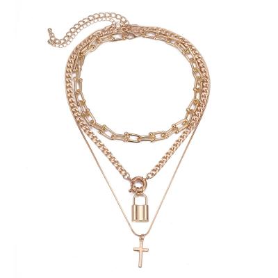 China PSH Jewelry Necklace Padlock Multilayer Cuban Gold Plated Gold Plated Cross Necklaces Lead Free Nickel Free Lock Chain for sale