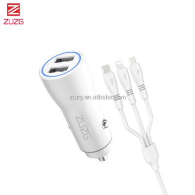 China ZUZG USB Car Charger 5V/2.4A Dual Port Dual Port Fast Adapter With Type C/Micro USB 3 Multi Charging In-1 Cable For iPhone iPad Android for sale