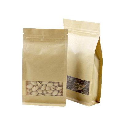 China Recycled Materials Low MOQ Ready To Ship Rack Up Kraft Paper Ziplock Window Packaging Bags For Dry Snack for sale