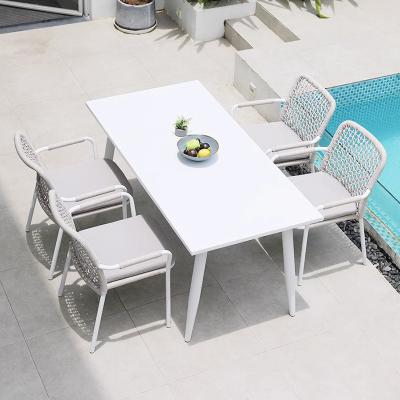 China Simplicity Furniture Modern Luxury Outdoor Rope Woven Garden Sets Aluminum Patio Bistros Hotel Restaurant Dining Table Set for sale