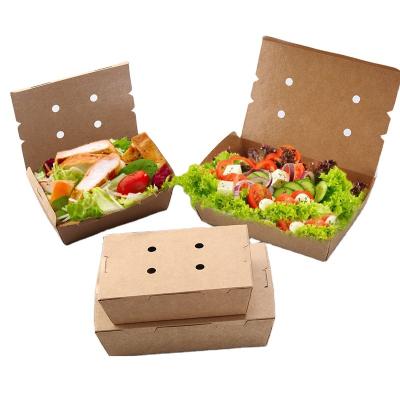 China Disposable Kraft Paper Disposable Box With Holes To Go Containers Removal Biodegradable Hot And Cold Food Salad Containers PE Coated for sale