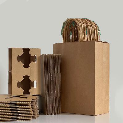 China Factory Custom Packaging Disposable Kraft Bag Disposable Paper Take Away Fixed Coffee Tea Drink Holder Plate Set For Shop for sale