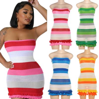 China Sustainable Fashion Summer Dresses Women Sexy Sleeveless Bodycon Mini Tube Strapless Dress Ladies Striped Patchwork Knit Dress for sale