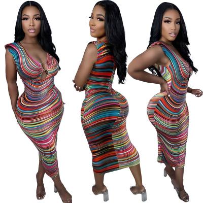 China Viable Stripe Bodycon Sexy V-Neckline Dresses For Woman Clothes Vestido De Festa Sleeveless Slim Elegant Shirtless Streetwear Dress for sale