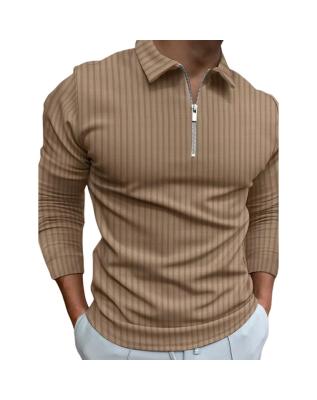 China Anti-wrinkle High quality t-shirts 1/4 zip-up lapel T-shirt Slim-fit striped long-sleeved polo for men for sale