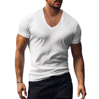 China Anti-wrinkle 2023 Custom logo men's T-shirt solid color V-neck top large size tight casual short-sleeved T-shirt men for sale