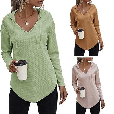 China Anti-wrinkle 2023 Hot sale v-neck long sleeve hoodie  women's drawstring pullover top pocket for women for sale