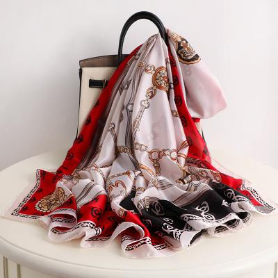 China Soft Smooth Feeling Luxury Custom Silk Scarf Head Scarf Euro Chain Printing Shawls And Wraps Women Scarves Hijabs Brand Beach Stoles Long for sale