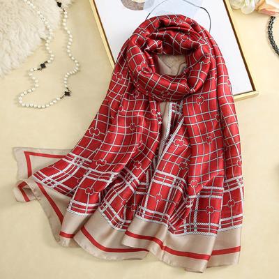 China Newest Stylish Soft Soft Feeling Plaid Printed Silk Muslim Hijab Shawl Summer Sunscreen Soft Oversized Cover Up Scarf For Women for sale