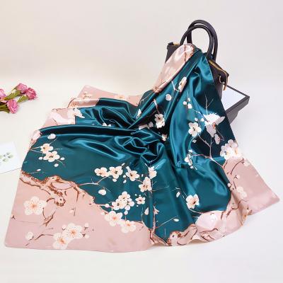 China Fashion Soft Smooth Feeling Scarves For Female Square Brand Women Muslim Floral Print Luxury Scarves Bandana 90*90cm Satin Silk Hijab Scarf for sale