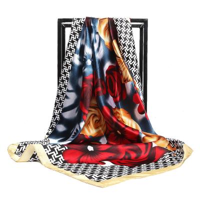 China Soft Soft Feeling Silk Satin Scarf for Women Fashion Brand Luxury Shawls 90*90cm Square Scarf Women Headscarf Flower Print Hijab Scarves for sale