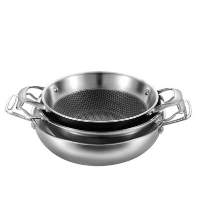 China Modern Stainless Steel Triple 304 Gas Two Ears Honeycomb Non-Stick Pan Induction Wok Cooking Pan Chinese Casserole for sale