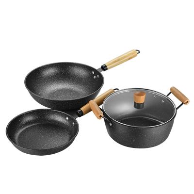 China New Type Stocked Good Price Cookware Cooking Maifan Stone Handle Wooden Pot Sets for sale