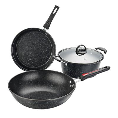 China Factory Stocked Sale 4 Pcs Carbon Steel Cookware Sets Marble Non Coating Stick Pan Pot Set for sale