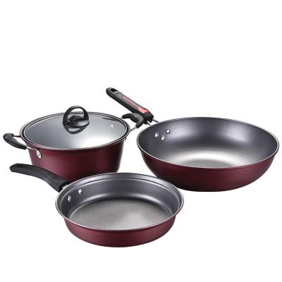 China 3Pcs Red Wine Kitchenware Stick Stocked Cookware Set Non Cooking Pot Set For Promotional Gifts for sale