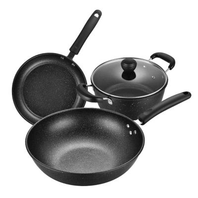 China Hot Sale Wholesale Stocked Forged Black Non Carbon Steel Kitchen Stick Pot Cookware Set for sale