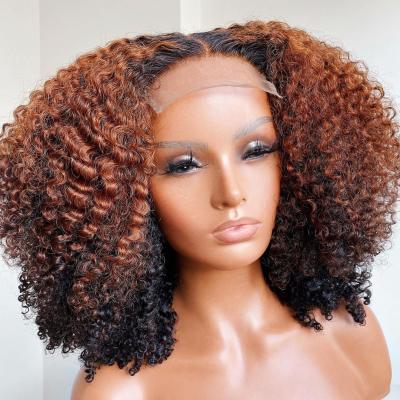 China Swiss Sheer Lace Front Kinky Curly Ombre Brown Curl Wigs Raw Unprocessed Brazilian Virgin Hair for sale