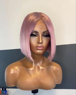 China Qingdao Straight Hair Factory Wholesale Pink Lace Wig, Pink Lace Front Human Hair Wig, Colored Bob Hair Wig for sale