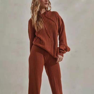 China Comfortable Women's Solid Color Sweater Wide-Leg Sweater Eco-Friendly Two-Piece Knitted Hooded Pant Knitted Suit Long for sale