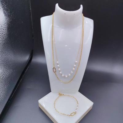 중국 New Arrival Trendy Pearl Double Lines  Newest Gold Color Stainless Steel  Earring ,Necklace , Bracelet Sets  For Lady 판매용