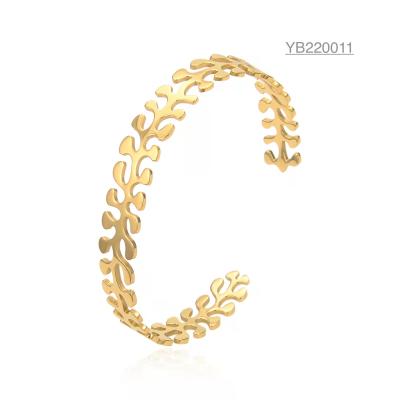 China Open Adjustable Stainless Women Designer Bracelets 18k Gold Leaf Bangle For Lady for sale