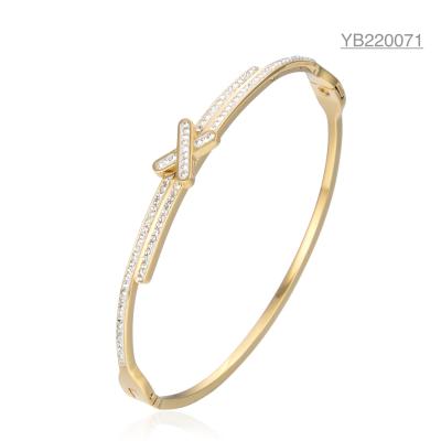 China X Letter Full Rhinestone Luxury Gold Bangles Stainless 14k Gold Snap Bracelet for sale