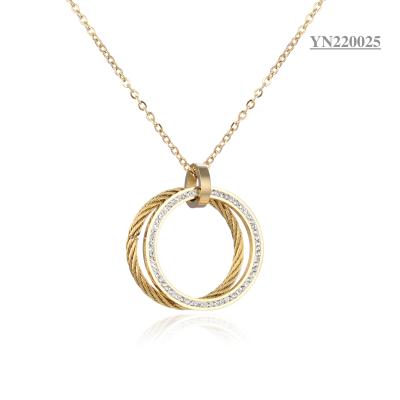 China Sumptuous Stainless Steel Fashion Necklaces Double Ring Rhinestone Pendant Necklace for sale