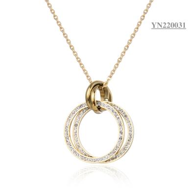 China Gold Stainless Steel Fashion Necklaces Double Rhinestone Ring Pendant Necklace for sale