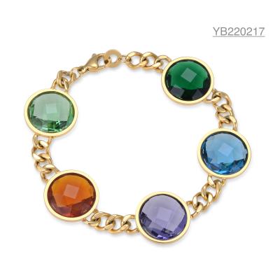 China Brazalete de acero inoxidable con diamantes de imitación grandes de cinco colores Pulsera de eslabones de cadena de oro grueso en venta