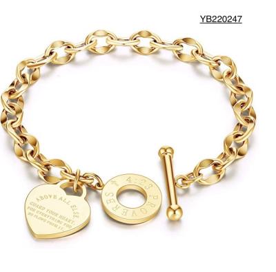 China 20cm Texture Stainless Steel Bangle Heart Buckle Thick Gold Chain Bracelet Womens for sale