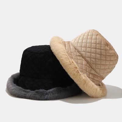 China New Autumn Winter Bucket Hats Women PU Panama Hat Plaid Fisherman Plaid Hat Thick Warm Plush Leather Decoration Cap For Girl Basin Hat for sale