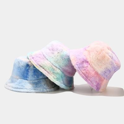 China Winter Fashion Decoration Bucket Hats Foldable Light Color Warm Thick Colored Faux Rabbit Fur Wide Brim Hat For Female for sale