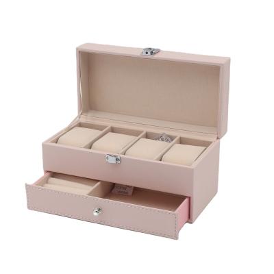 China watch & hot popular jewelry storage 4 slots watch packaging box with pink PU leather 2 slots jewelry storage box with drawer for girls gift for sale