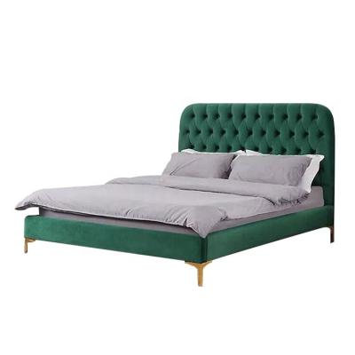 China Luxury Modern Room Furniture Factory Storage Bed Green Velvet Fabric Tufted Gold Steel Base King Size Bed for sale