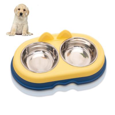 China Sustainable Dog Bowl Double Stainless Steel Pet Basin Supplies Slow Pet Food Bowls for sale