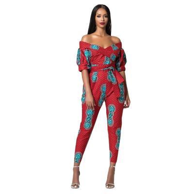 China Fashion Breathable African Style Women's Casual Print Off Shoulder Short Sleeve Long Romper Belted Waist Autumn Women's Overalls for sale