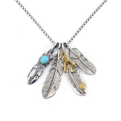 China Custom Retro Punk Feather Titanium Steel Feather Necklace Pendants Non Tarnish Jewelry Chain Necklaces for sale