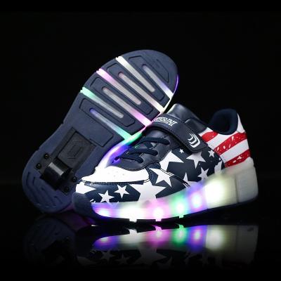 China Glowing Light Kids Sneakers Boys Girls With Wheels Shape LED Light Up Shoes Stars Print Luminous Kids Sport Roller Skate Shoes for sale