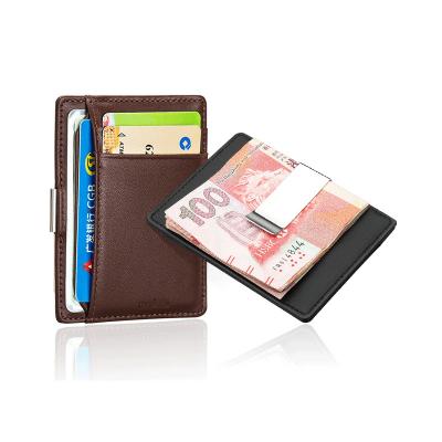 China Cash Holder Holding Promotion Gift RFID Protecting ID/Credit Card Holder Split Leather Magnetic Empty Money Clip Travel Card Wallet 17004 for sale