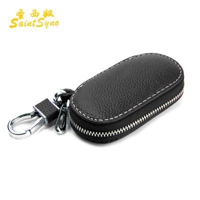 China Fashion 18037 Car Smart Key Case Holder Metal Hook Zipper Genuine Leather Bag For Remote Key for sale