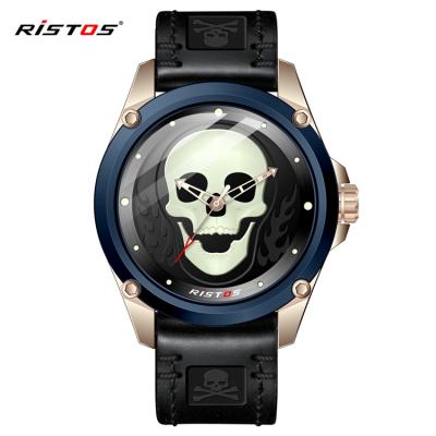 China New Style RISTOS 9443 Water Resistant Skull Watches Fashion Mesh 3atm Luminous Waterproof Strap Watches Leather Belt Men Wristwatches for sale