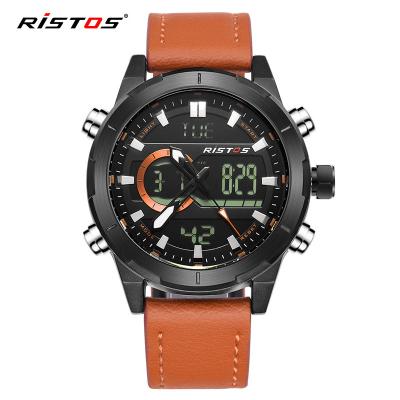 China RISTOS 9342 Water Resistant Double Show Multifunctional Electronic Waterproof Luminous Leather Watch For Men Sport Glass Luxury Business for sale