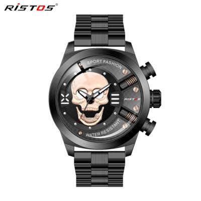 China Luxury Stainless Steel&Leather Water Resistant RISTOS 9439 Strap Male Watch Stylish Mens Quartz Skull Watch for sale