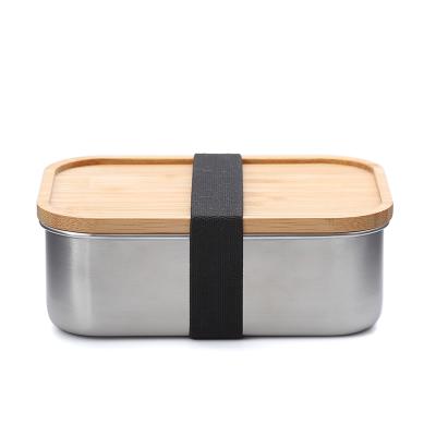 China Food Grade Metal Stainless Steel Bento Lunch Box With Bamboo Heatable Rectangular Lid for sale