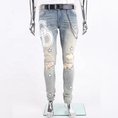 China Fashion Breathable Light Blue Skinny Screen Printed Patch Under Vintage Washed Jeans Men for sale