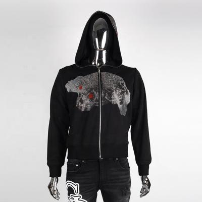 China 2021 Breathable Skeleton Rhinestone Hoodie Full Zip Up Hoodie Streetwear Full Zip Hoodie Rhinestone for sale