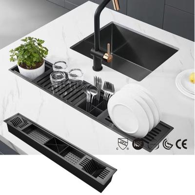 China Without Faucet Rectangular Luxury Kitchen Sink Stainless Steel Black With Drying Rack Accessories for sale