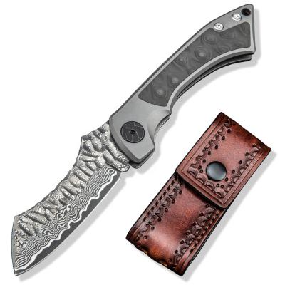 China Slide Open Damascus Steel Titanium and Carbon Fiber Handle Modern Higonokami Pocket Knives Folding Knife with Handmade Leather Sheath for sale